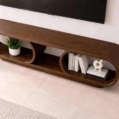 Contemporary Solid Wood TV Stand with Oval Open Storage and Stylish Design Kitchnce