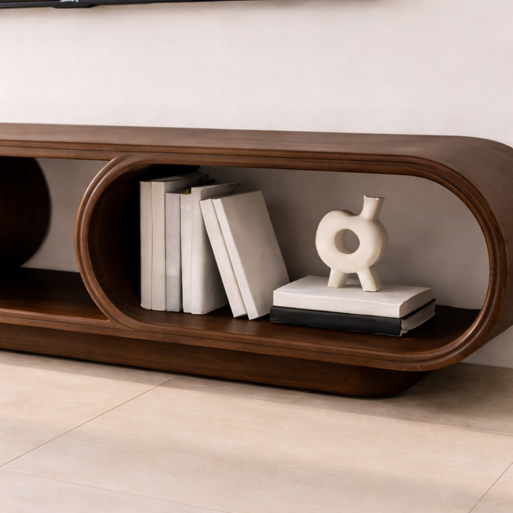 Contemporary Solid Wood TV Stand with Oval Open Storage and Stylish Design Kitchnce