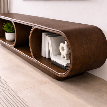 Contemporary Solid Wood TV Stand with Oval Open Storage and Stylish Design Kitchnce