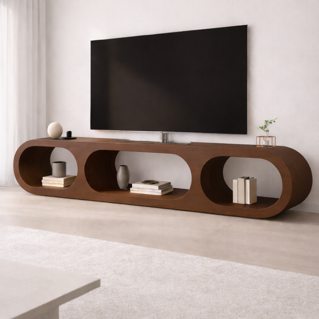 Modern Solid Wood TV Stand with Oval Open Storage and Sleek Design Kitchnce