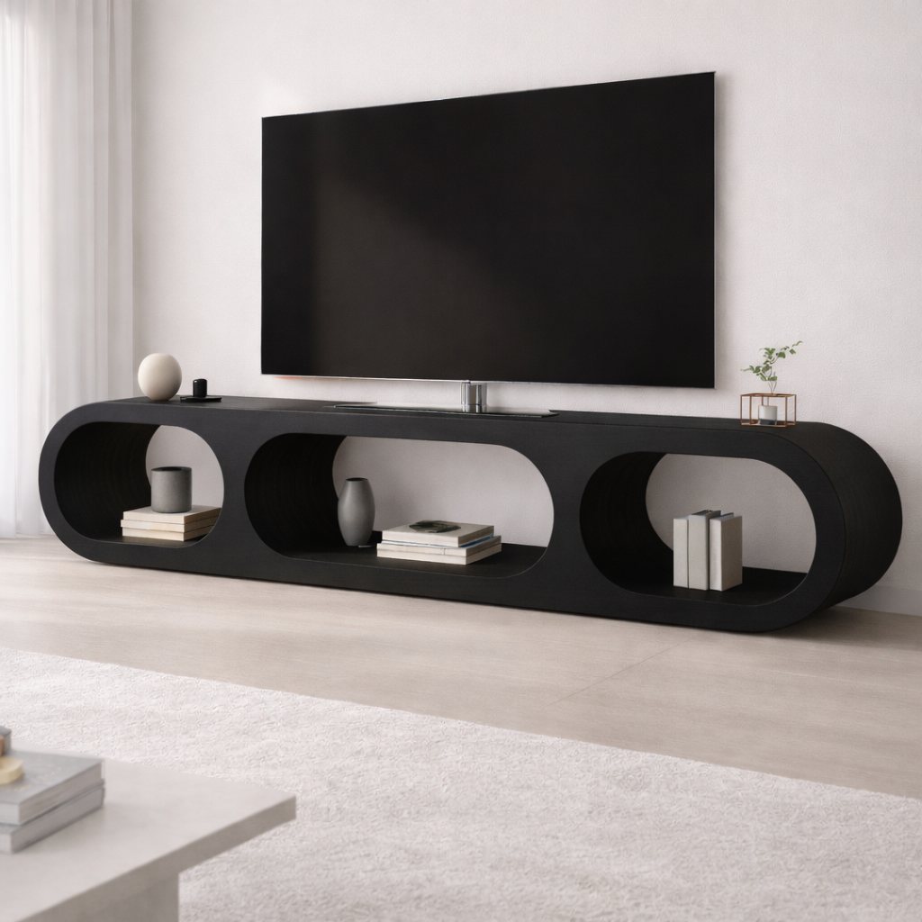 Modern Solid Wood TV Stand with Oval Open Storage and Sleek Design Kitchnce