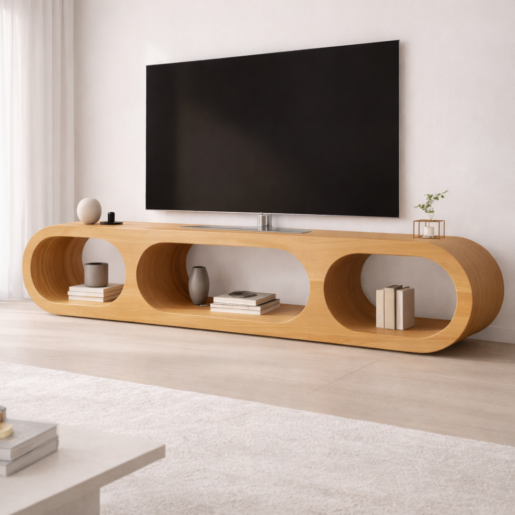 Modern Solid Wood TV Stand with Oval Open Storage and Sleek Design Kitchnce