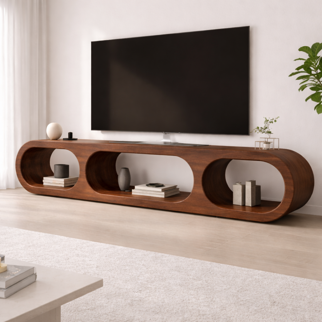 Modern Solid Wood TV Stand with Oval Open Storage and Sleek Design Kitchnce
