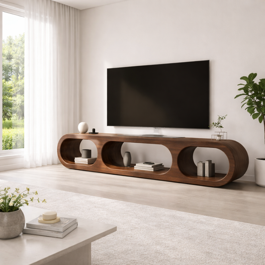 Modern Solid Wood TV Stand with Oval Open Storage and Sleek Design Kitchnce