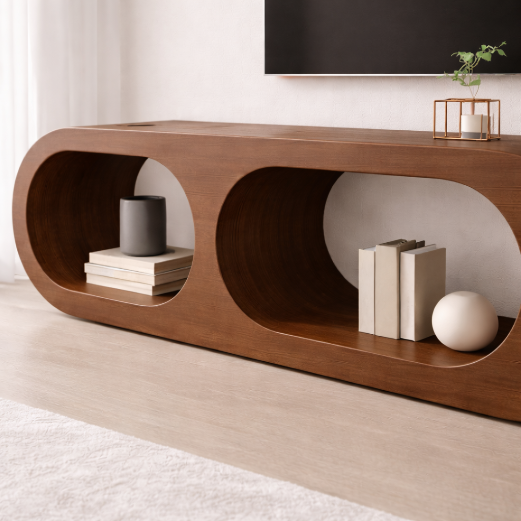 Modern Solid Wood TV Stand with Oval Open Storage and Sleek Design Kitchnce