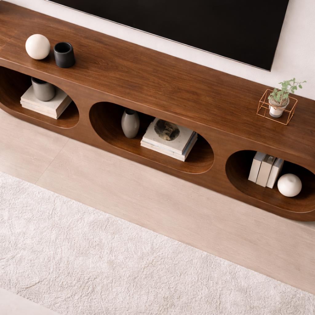 Modern Solid Wood TV Stand with Oval Open Storage and Sleek Design Kitchnce