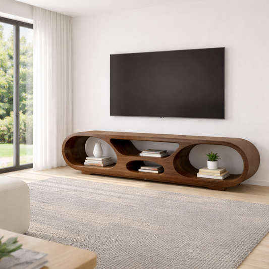 Solid Wood TV Stand with Open Storage and Modern Curved Design Kitchnce