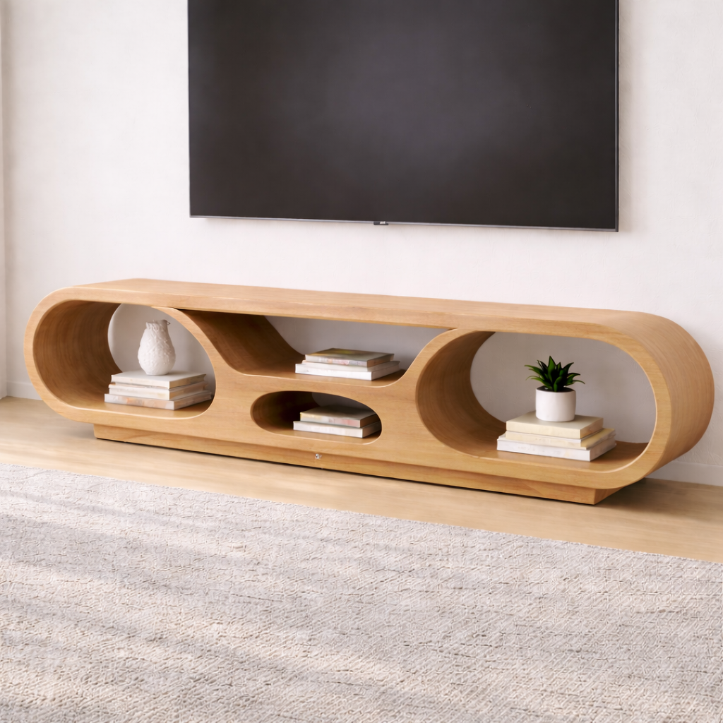 Solid Wood TV Stand with Open Storage and Modern Curved Design Kitchnce