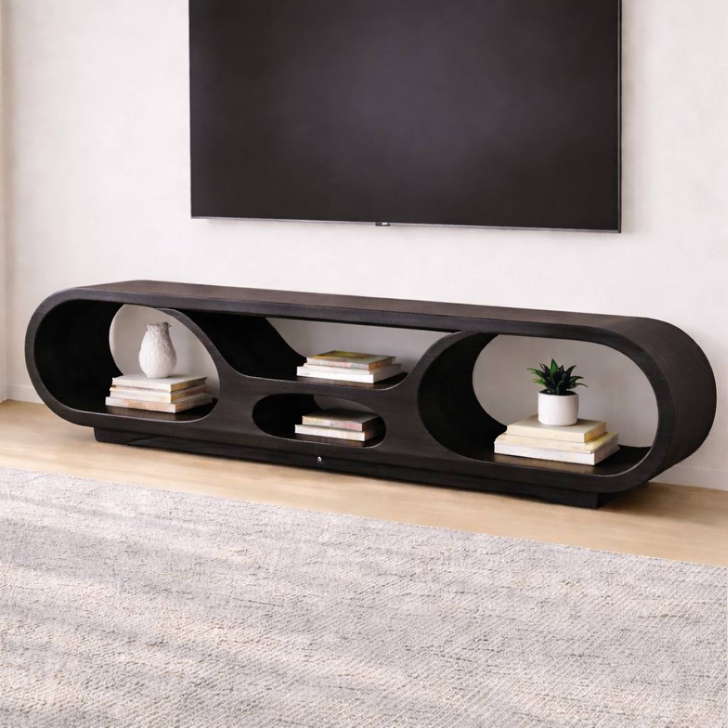 Solid Wood TV Stand with Open Storage and Modern Curved Design Kitchnce