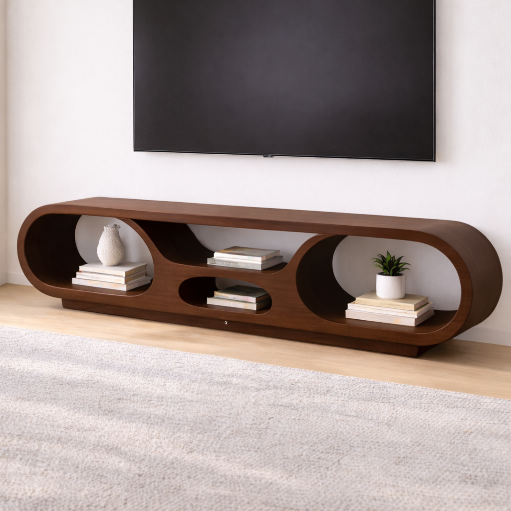 Solid Wood TV Stand with Open Storage and Modern Curved Design Kitchnce