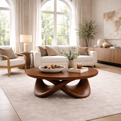 Round Solid Wood Coffee Table with Sculptural Base – Modern Designer Living Room Table Kitchnce