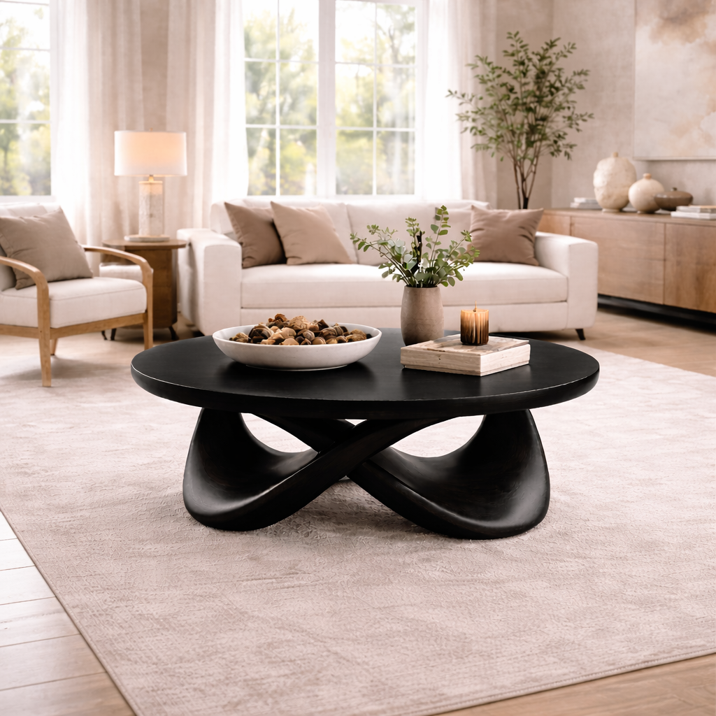Round Solid Wood Coffee Table with Sculptural Base – Modern Designer Living Room Table Kitchnce
