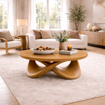 Round Solid Wood Coffee Table with Sculptural Base – Modern Designer Living Room Table Kitchnce