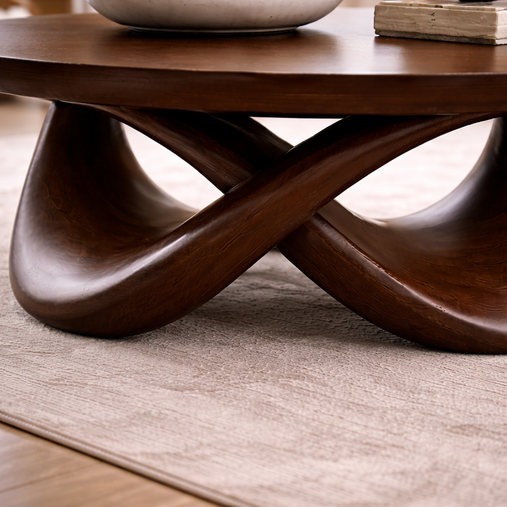 Round Solid Wood Coffee Table with Sculptural Base – Modern Designer Living Room Table Kitchnce