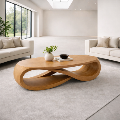 Solid Wood Oval Coffee Table with Sculptural Base – Modern Designer Living Room Table Kitchnce
