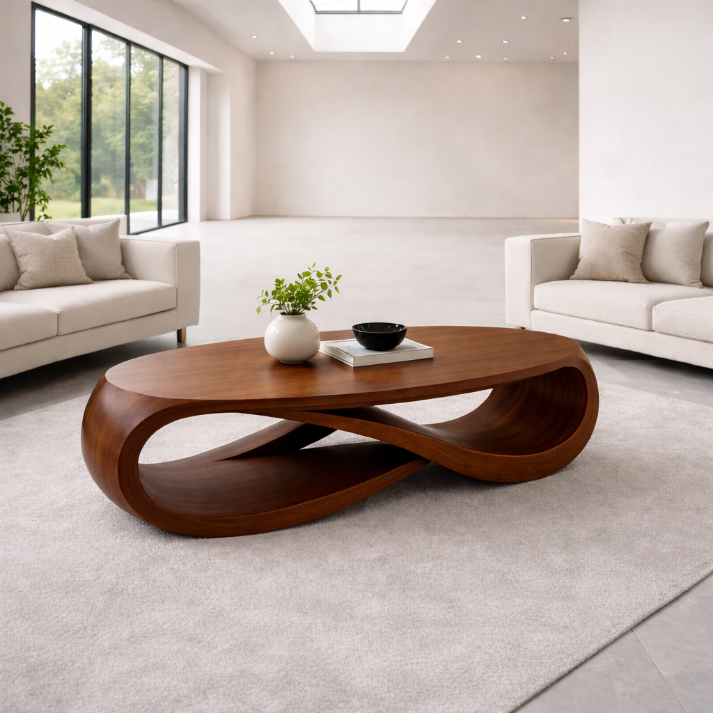 Solid Wood Oval Coffee Table with Sculptural Base – Modern Designer Living Room Table Kitchnce