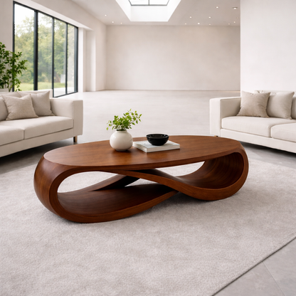 Solid Wood Oval Coffee Table with Sculptural Base – Modern Designer Living Room Table Kitchnce