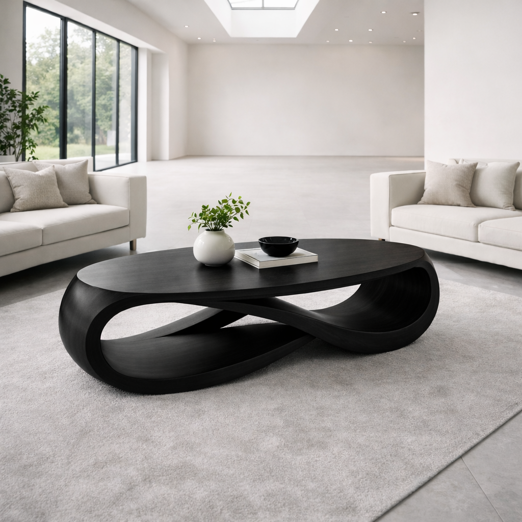 Solid Wood Oval Coffee Table with Sculptural Base – Modern Designer Living Room Table Kitchnce