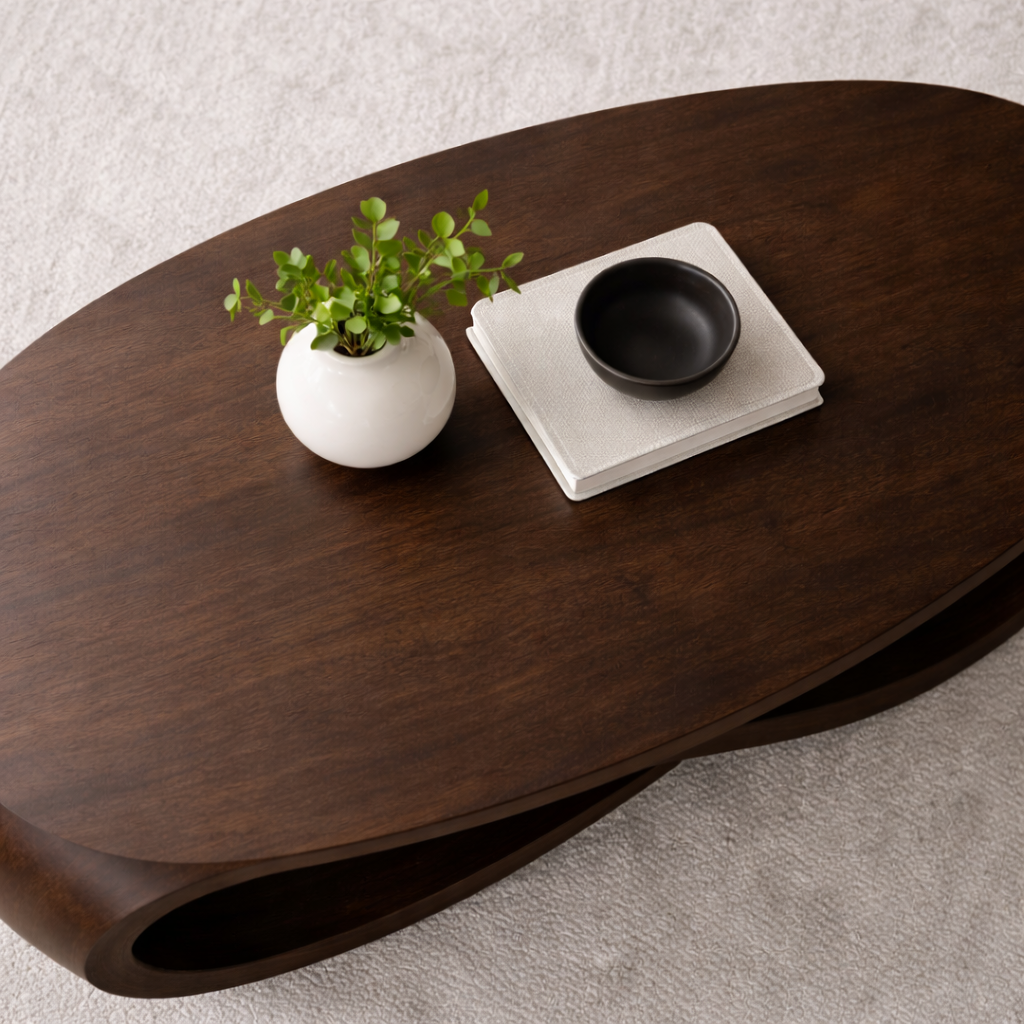 Solid Wood Oval Coffee Table with Sculptural Base – Modern Designer Living Room Table Kitchnce