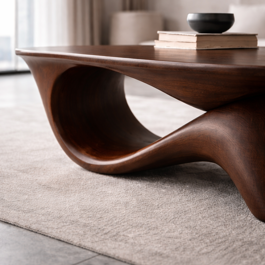Organic Solid Wood Coffee Table with Sculpted Base – Modern Designer Living Room Table Kitchnce