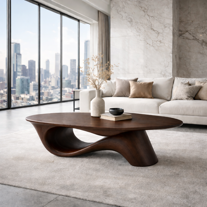 Organic Solid Wood Coffee Table with Sculpted Base – Modern Designer Living Room Table Kitchnce