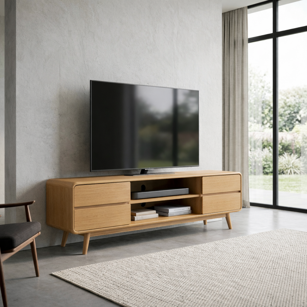 Modern Solid Wood TV Stand with 4 Drawers and Media Shelf – Minimalist Design Media Console Kitchnce