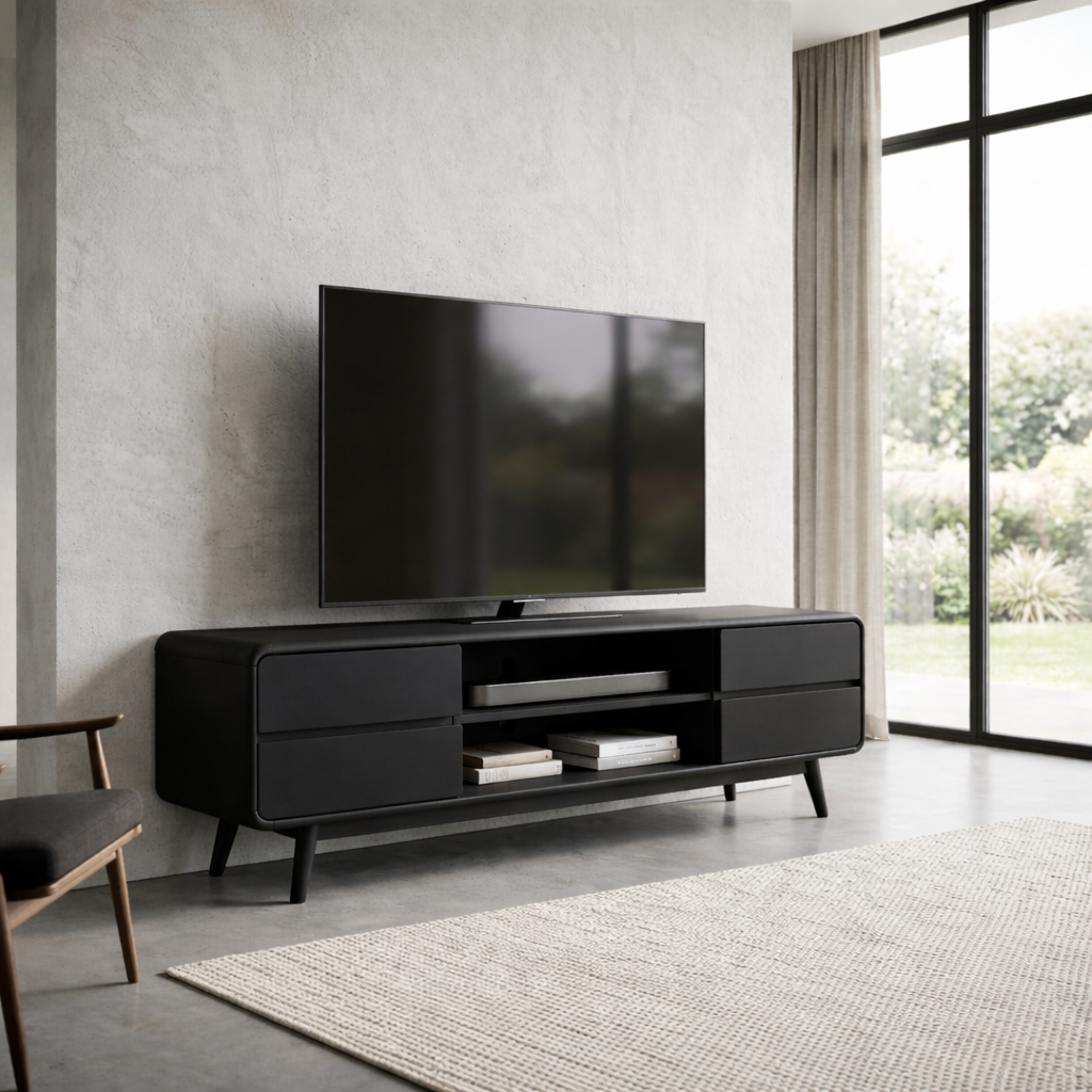 Modern Solid Wood TV Stand with 4 Drawers and Media Shelf – Minimalist Design Media Console Kitchnce