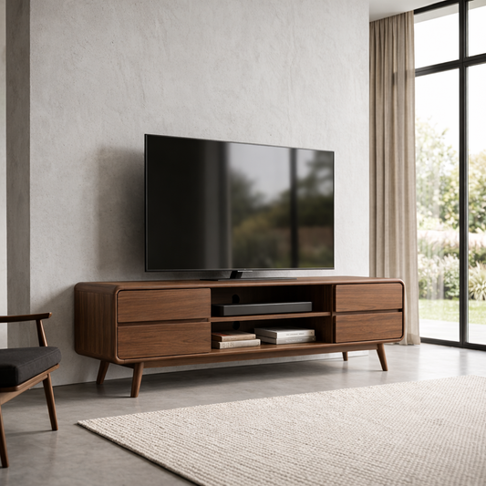 Modern Solid Wood TV Stand with 4 Drawers and Media Shelf – Minimalist Design Media Console Kitchnce