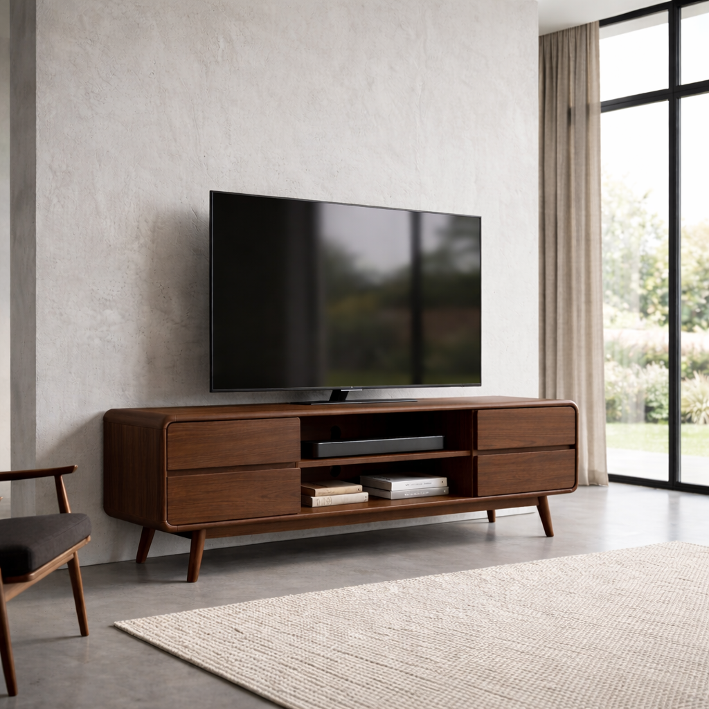 Modern Solid Wood TV Stand with 4 Drawers and Media Shelf – Minimalist Design Media Console Kitchnce