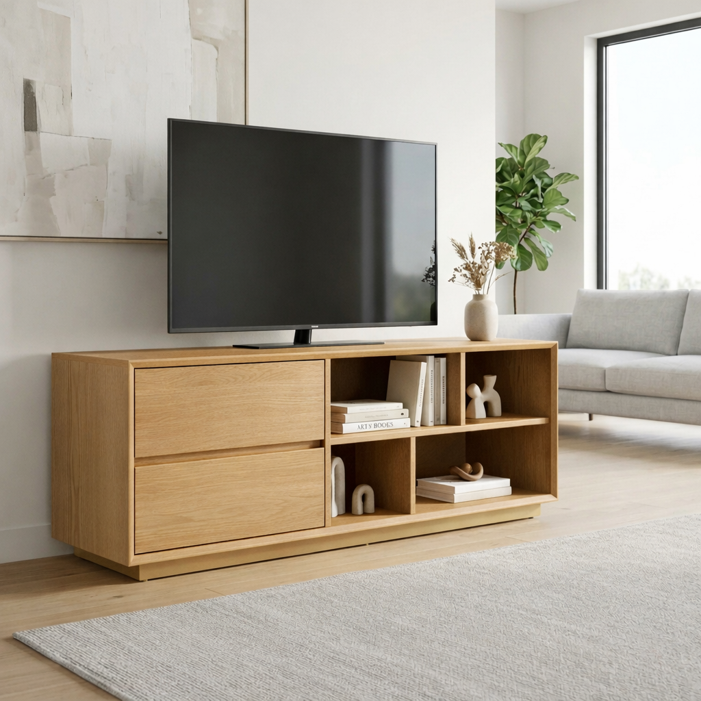 Modern Solid Wood TV Stand with Storage Drawers and Open Shelves – Minimalist Media Console Kitchnce