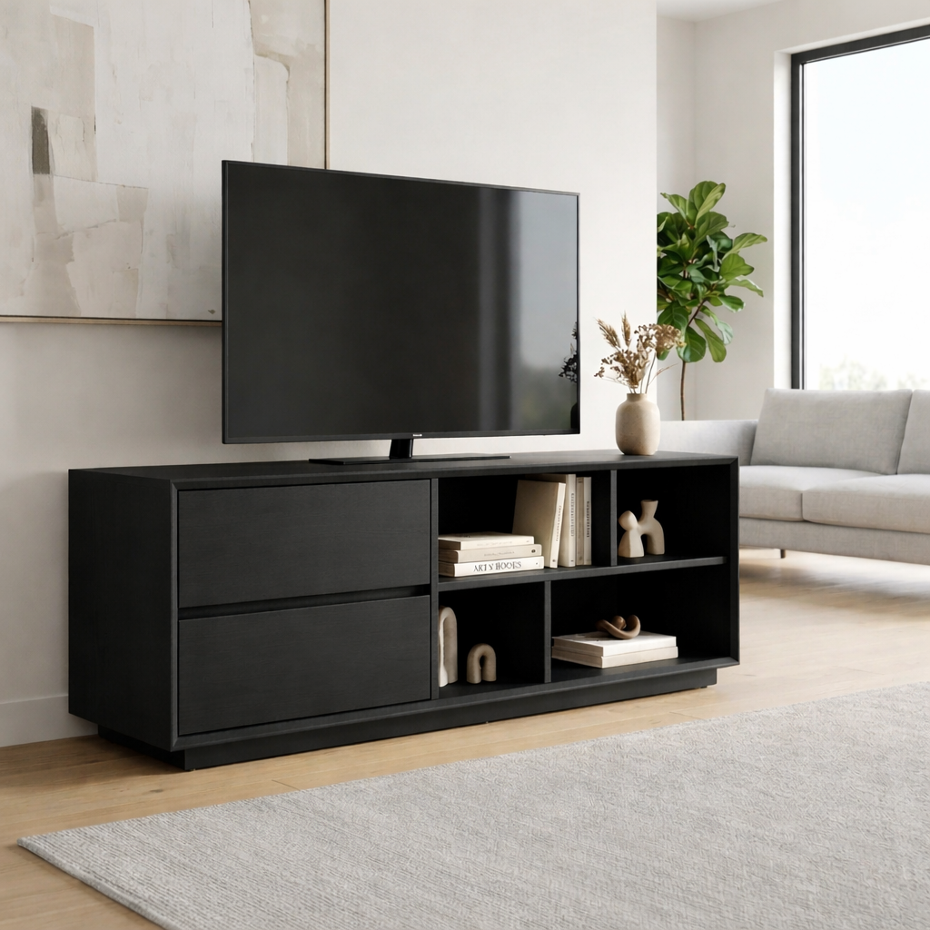 Modern Solid Wood TV Stand with Storage Drawers and Open Shelves – Minimalist Media Console Kitchnce