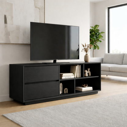 Modern Solid Wood TV Stand with Storage Drawers and Open Shelves – Minimalist Media Console Kitchnce