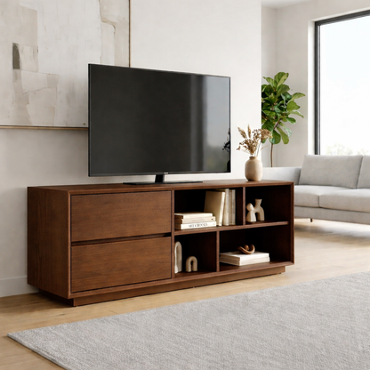 Modern Solid Wood TV Stand with Storage Drawers and Open Shelves – Minimalist Media Console Kitchnce