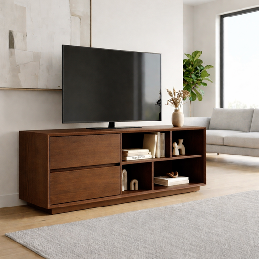 Modern Solid Wood TV Stand with Storage Drawers and Open Shelves – Minimalist Media Console Kitchnce