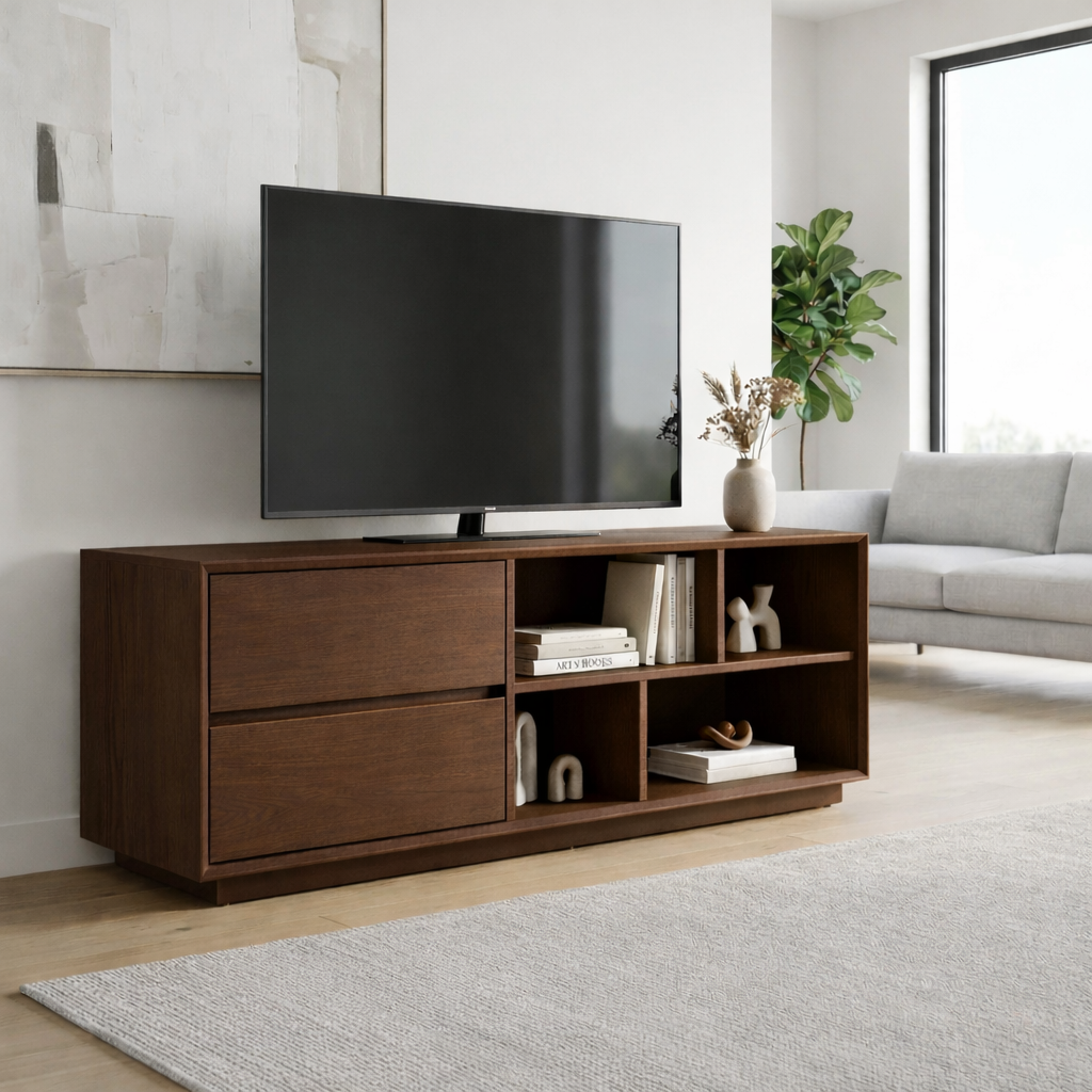 Modern Solid Wood TV Stand with Storage Drawers and Open Shelves – Minimalist Media Console Kitchnce