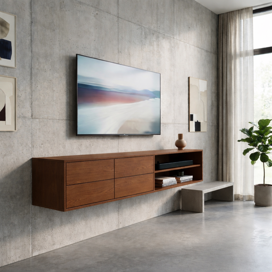 Floating Solid Wood TV Stand with Drawers and Open Shelf – Modern Wall Mounted Media Console Kitchnce