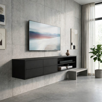 Floating Solid Wood TV Stand with Drawers and Open Shelf – Modern Wall Mounted Media Console Kitchnce