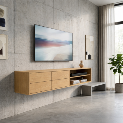 Floating Solid Wood TV Stand with Drawers and Open Shelf – Modern Wall Mounted Media Console Kitchnce