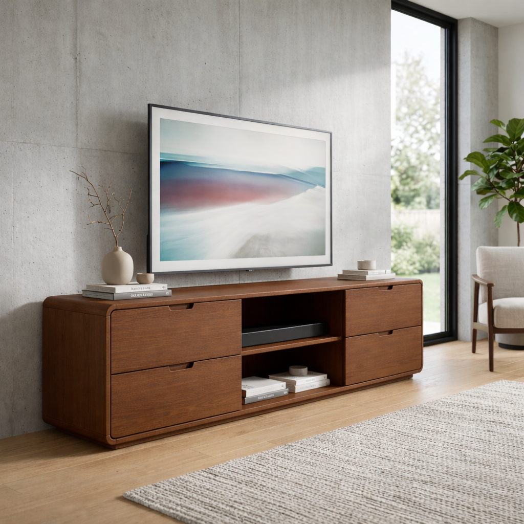 Solid Wood TV Stand with 4 Drawers and Open Media Shelf – Modern Minimalist Console Kitchnce