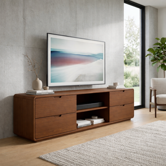 Solid Wood TV Stand with 4 Drawers and Open Media Shelf – Modern Minimalist Console Kitchnce