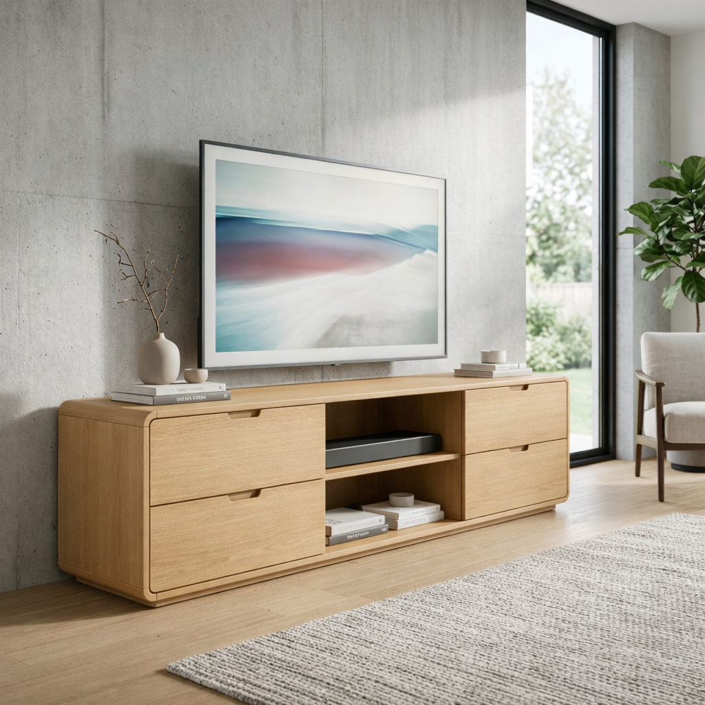Solid Wood TV Stand with 4 Drawers and Open Media Shelf – Modern Minimalist Console Kitchnce