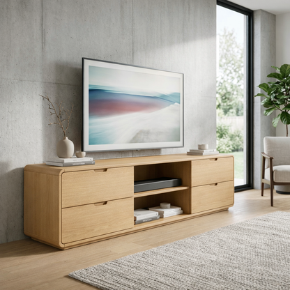 Solid Wood TV Stand with 4 Drawers and Open Media Shelf – Modern Minimalist Console Kitchnce