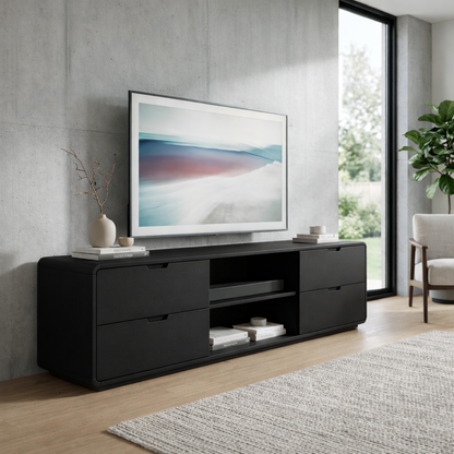Solid Wood TV Stand with 4 Drawers and Open Media Shelf – Modern Minimalist Console Kitchnce