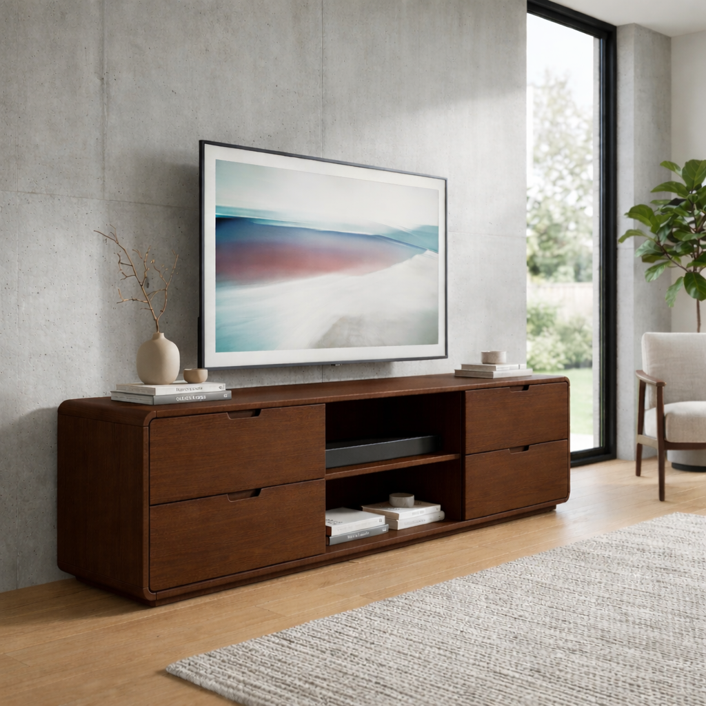 Solid Wood TV Stand with 4 Drawers and Open Media Shelf – Modern Minimalist Console Kitchnce