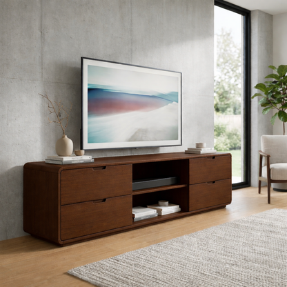 Solid Wood TV Stand with 4 Drawers and Open Media Shelf – Modern Minimalist Console Kitchnce