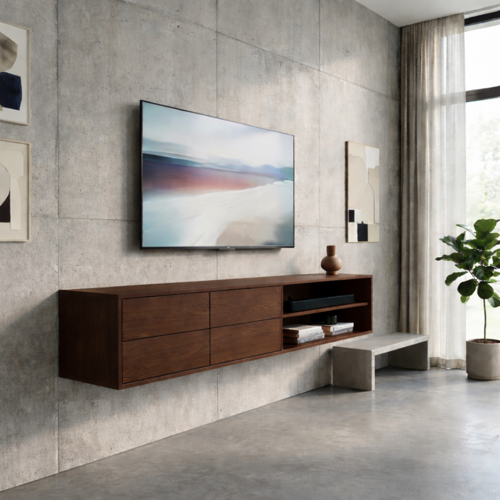 Floating Solid Wood TV Stand with Drawers and Open Shelf – Modern Wall Mounted Media Console Kitchnce
