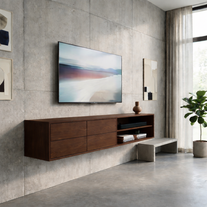 Floating Solid Wood TV Stand with Drawers and Open Shelf – Modern Wall Mounted Media Console Kitchnce