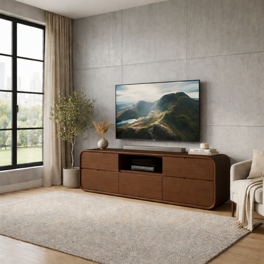 Solid Wood TV Stand with Drawers and Open Shelf – Modern Rounded Media Console Kitchnce