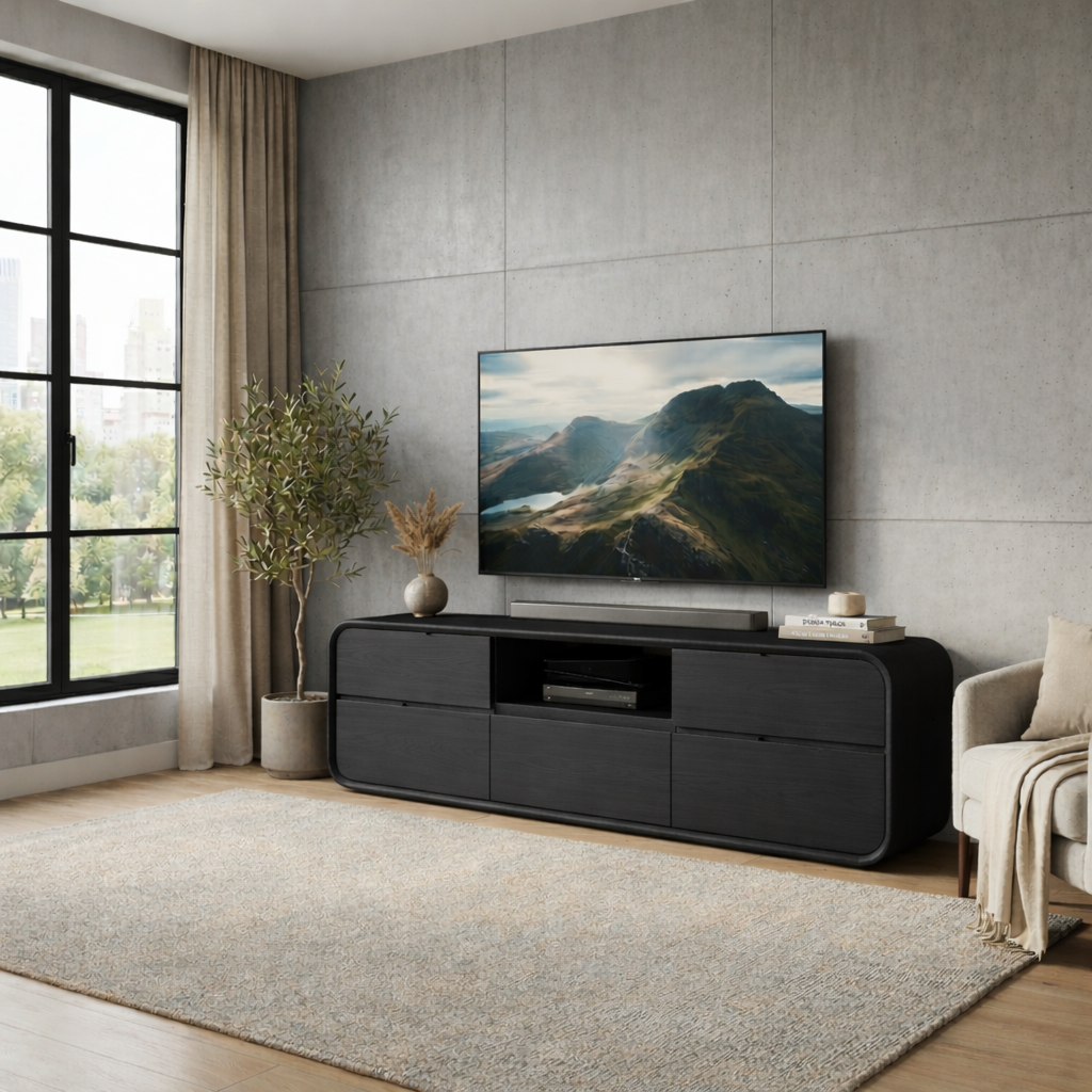 Solid Wood TV Stand with Drawers and Open Shelf – Modern Rounded Media Console Kitchnce