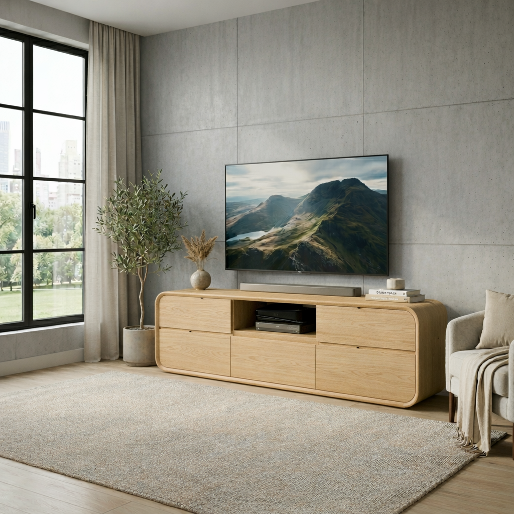 Solid Wood TV Stand with Drawers and Open Shelf – Modern Rounded Media Console Kitchnce